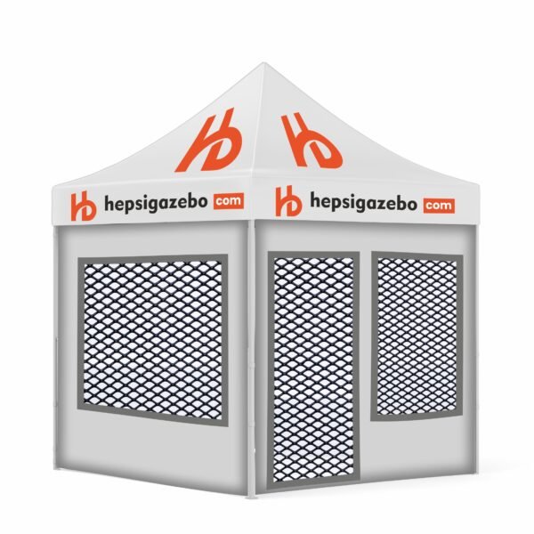 2x2 Baskılı Gazebo Tente (Baskılı Tavan+30'luk Çelik İskelet+2 Adet Baskılı Duvar+2 Adet Sineklik+Şeffaf+Pencereli Duvar+1 Adet Sineklik+Şeffaf Kapılı Pencereli Duvar)