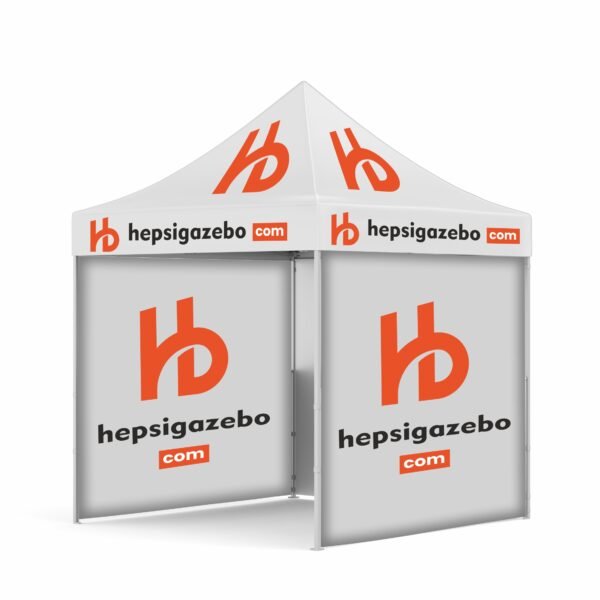 2x2 Baskılı Gazebo Tente (Baskılı Tavan+30'luk Çelik İskelet+2 Adet Baskılı Duvar+1 Adet Baskısız Duvar)