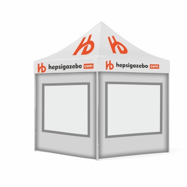 2x2 Baskılı Gazebo Tente (Baskılı Tavan+30'luk Çelik İskelet+2 Adet Şeffaf Duvar+2 Adet Baskısız Duvar)