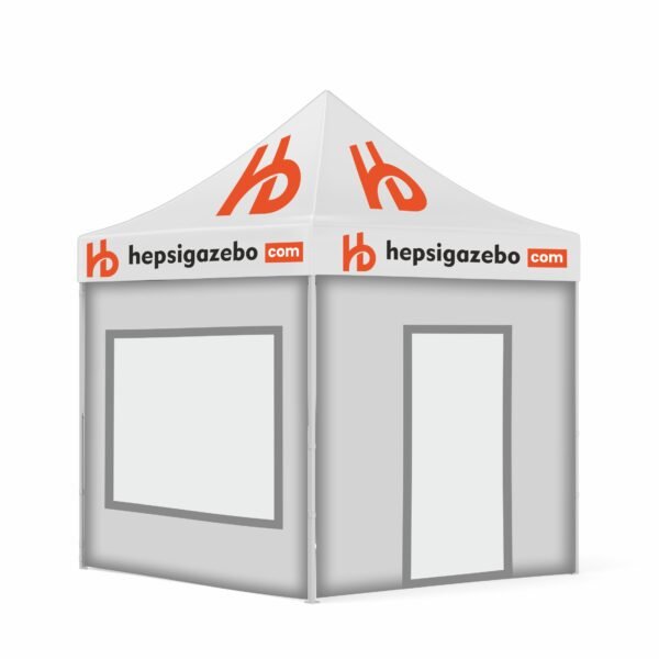 2x2 Baskılı Gazebo Tente (Baskılı Tavan+30'luk Çelik İskelet+2 Adet Şeffaf Pencereli Duvar+1 Adet Baskısız Tam Duvar+1 Adet Kapılı Duvar)