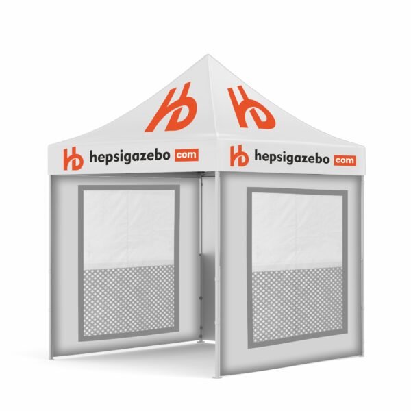 2x2 Baskılı Gazebo Tente (Baskılı Tavan+30'luk Çelik İskelet+2 Adet Sineklik+Şeffaf+Perdeli Pencereli Duvar+1 Adet Baskısız Duvar)