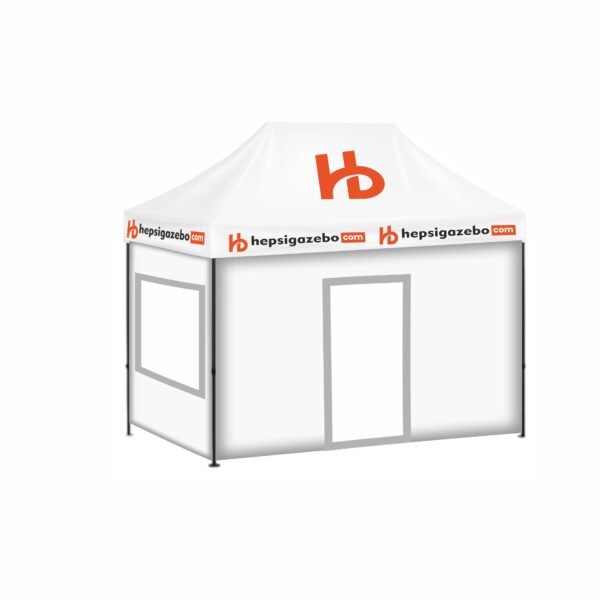 2x3 Baskılı Gazebo Tente (Baskılı Tavan+40'lık Çelik İskelet+2 Adet Şeffaf Pencereli Duvar+1 Adet Baskısız Tam Duvar+1 Adet Kapılı Duvar)