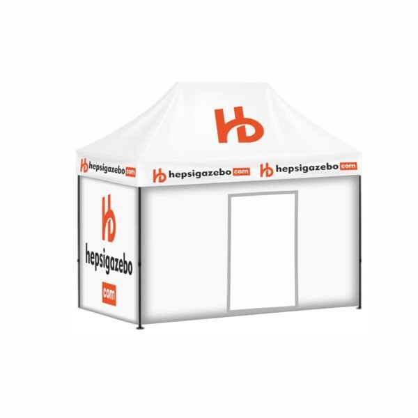 2x3 Baskılı Gazebo Tente (Baskılı Tavan+30'luk Çelik İskelet+2 Adet Baskılı Duvar+1 Adet Kapılı Duvar+1 Adet Baskısız Duvar)