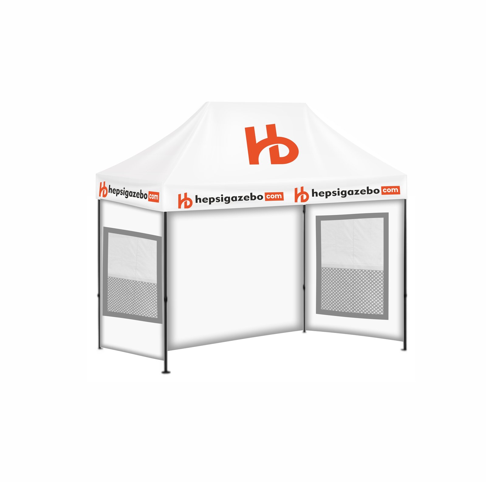 2x3 hepsi gazebo giydirmddde1 2x3 Baskılı Gazebo Tente (Baskılı Tavan+30'luk Çelik İskelet+2 Adet Sineklik+Şeffaf+Perdeli Pencereli Duvar+1 Adet Baskısız Duvar) - Görsel 1