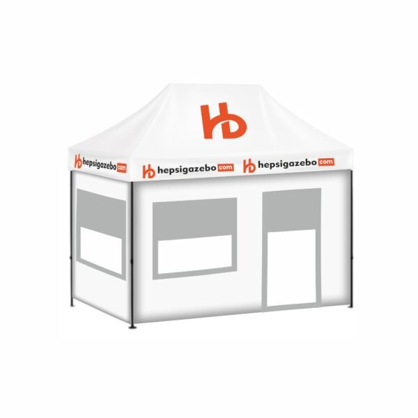 2x3 Baskılı Gazebo Tente (Baskılı Tavan+30'luk Çelik İskelet+2 Adet Şeffaf+Pencereli Duvar+1 Adet Tam Duvar+1 Adet Kapılı Pencereli Şeffaf+Pencereli Duvar)