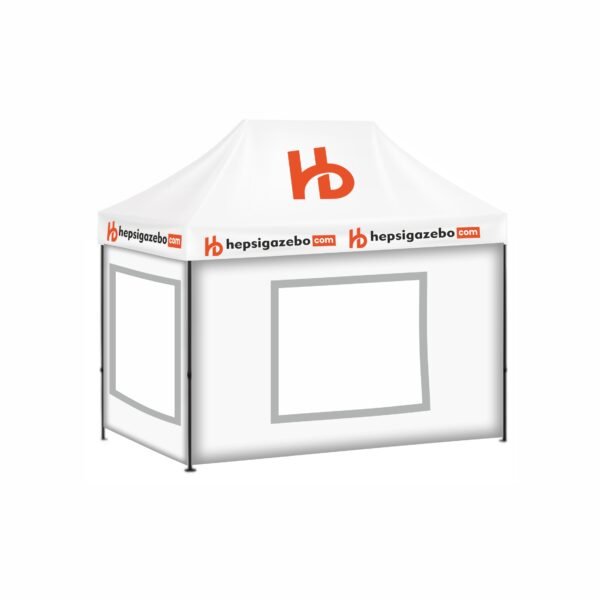 2x3 Baskılı Gazebo Tente (Baskılı Tavan+30'luk Çelik İskelet+2 Adet Şeffaf Duvar+2 Adet Baskısız Duvar)