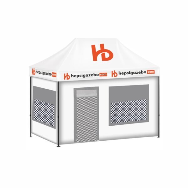 2x3 Baskılı Gazebo Tente (Baskılı Tavan+40'lık Çelik İskelet+2 Adet Baskılı Duvar+2 Adet Sineklik+Şeffaf+Perdeli Pencereli Duvar+1 Adet Sineklik+Şeffaf+Perdeli Kapılı Pencereli Duvar)