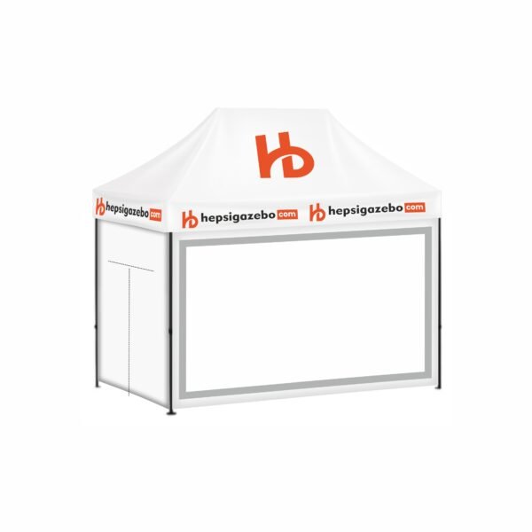 2x3 Baskılı Gazebo Tente (Baskılı Tavan+30'luk Çelik İskelet+1 Adet Tam Şeffaf Duvar+1 Adet Açılır Kapı+2 Adet Baskısız Duvar)