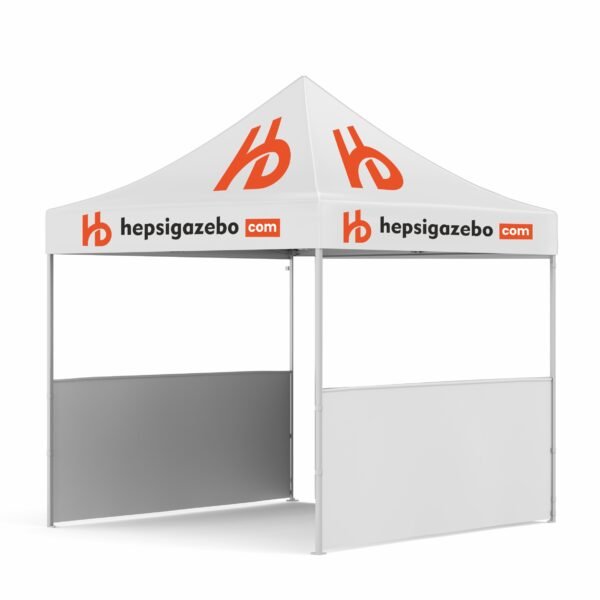 4x4 Baskılı Gazebo Tente (Baskılı Tavan+52'lik Alüminyum İskelet+2 Adet Baskısız Yarım Duvar)