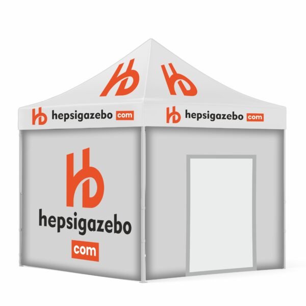4x4 Baskılı Gazebo Tente (Baskılı Tavan+40'lık Alüminyum İskelet+2 Adet Baskılı Duvar+1 Adet Kapılı Duvar+1 Adet Baskısız Duvar)