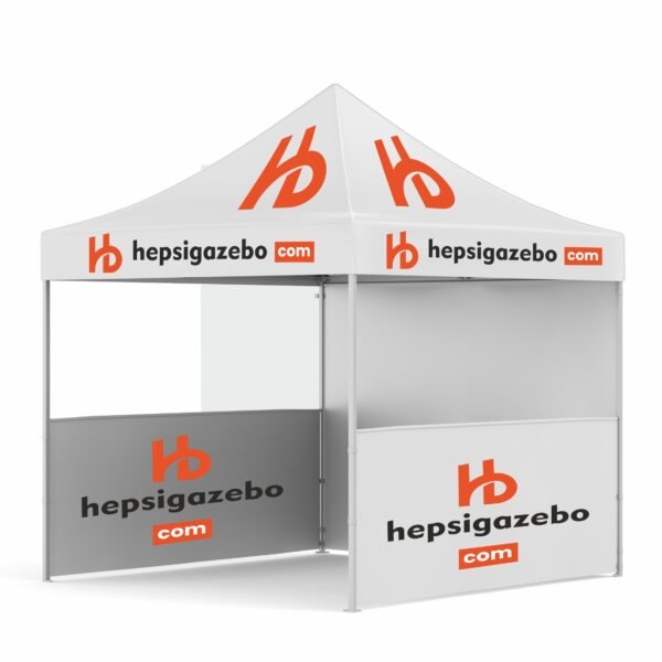 3x3 Baskılı Gazebo Tente (Baskılı Tavan+40'lık Alüminyum İskelet+2 Adet Yarım Baskılı+1 Adet Baskısız Tam Duvar)