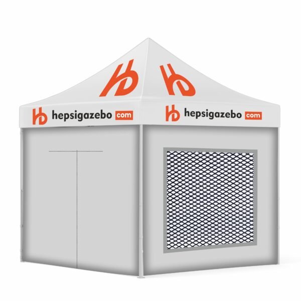 3x3 Baskılı Gazebo Tente (Baskılı Tavan+40'lık Çelik İskelet+1 Adet Sineklikli Duvar+1 Adet Açılır Kapılı Duvar+2 Adet Düz Tam Duvar)