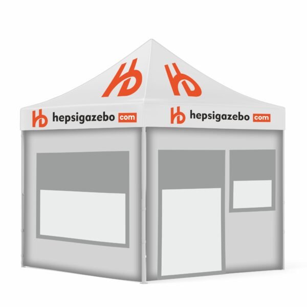 4x4 Baskılı Gazebo Tente (Baskılı Tavan+52'lik Alüminyum İskelet+2 Adet Şeffaf+Pencereli Duvar+1 Adet Tam Duvar+1 Adet Kapılı Pencereli Şeffaf+Pencereli Duvar)