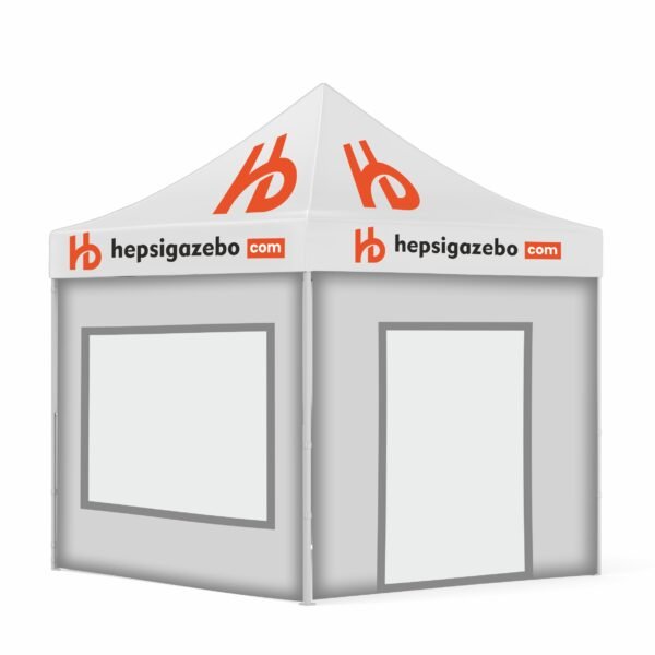 4x4 Baskılı Gazebo Tente (Baskılı Tavan+40'lık Alüminyum İskelet+2 Adet Şeffaf Pencereli Duvar+1 Adet Baskısız Tam Duvar+1 Adet Kapılı Duvar)