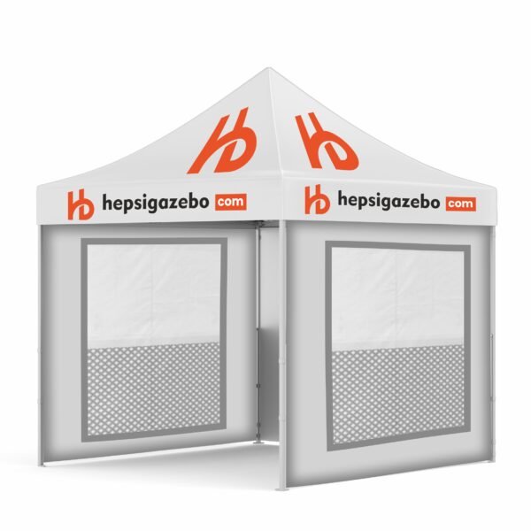 4x4 Baskılı Gazebo Tente (Baskılı Tavan+40'lık Çelik İskelet+2 Adet Sineklik+Şeffaf+Perdeli Pencereli Duvar+1 Adet Baskısız Duvar)