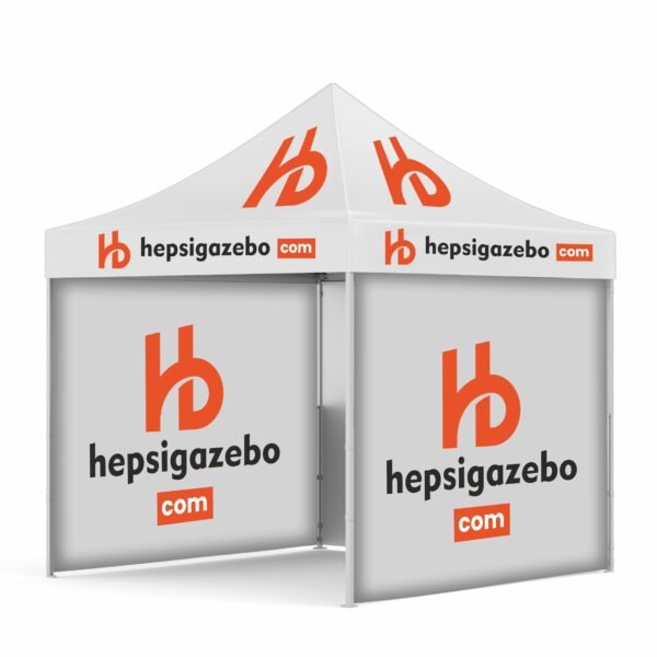 4x4 Baskılı Gazebo Tente (Baskılı Tavan+40'lık Alüminyum İskelet+2 Adet Baskılı Duvar+1 Adet Baskısız Duvar)