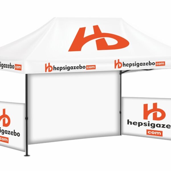 3x45 Baskılı Gazebo Tente (Baskılı Tavan+40'lık Alüminyum İskelet+2 Adet Yarım Baskılı+1 Adet Baskısız Tam Duvar)