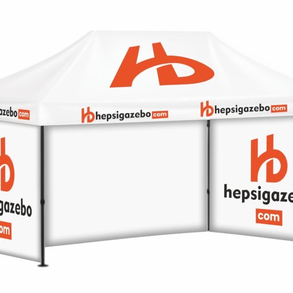 3x45 Baskılı Gazebo Tente (Baskılı Tavan+40'lık Çelik İskelet+2 Adet Baskılı Duvar+1 Adet Baskısız Duvar)