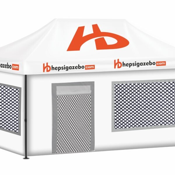 3x45 Baskılı Gazebo Tente (Baskılı Tavan+40'lık Çelik İskelet+2 Adet Baskılı Duvar+2 Adet Sineklik+Şeffaf+Pencereli Duvar+1 Adet Sineklik+Şeffaf Kapılı Pencereli Duvar)