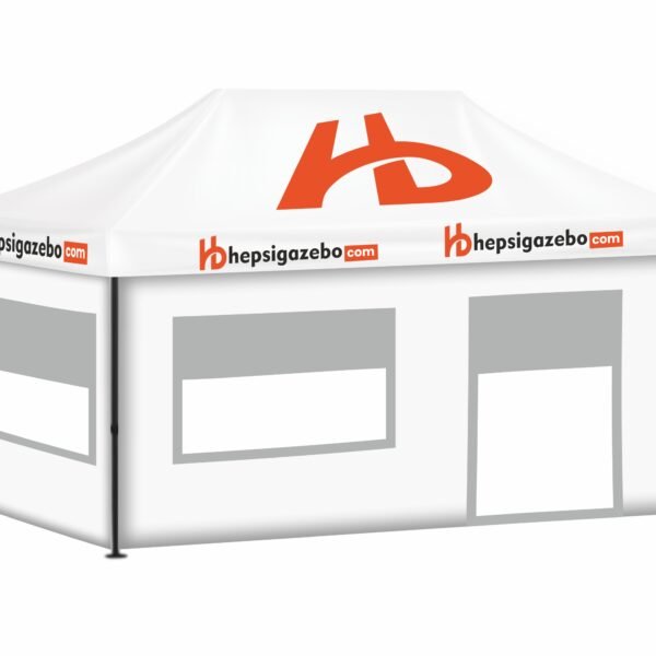 3x45 Baskılı Gazebo Tente (Baskılı Tavan+40'lık Çelik İskelet+2 Adet Şeffaf+Pencereli Duvar+1 Adet Tam Duvar+1 Adet Kapılı Pencereli Şeffaf+Pencereli Duvar)