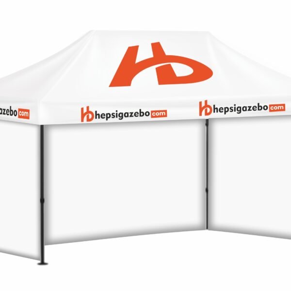 3x45 Baskılı Gazebo Tente (Baskılı Tavan+40'lık Çelik İskelet+3 Adet Baskısız Tam Duvar)