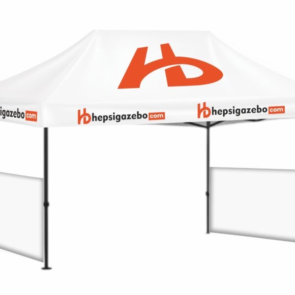 3x45 Baskılı Gazebo Tente (Baskılı Tavan+40'lık Çelik İskelet+2 Adet Baskısız Yarım Duvar)