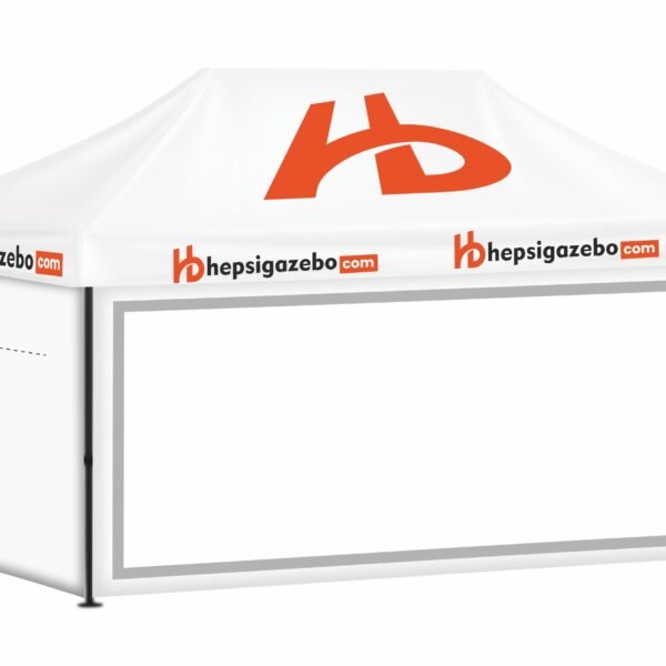 3x45 Baskılı Gazebo Tente (Baskılı Tavan+40'lık Çelik İskelet+2 Adet Şeffaf Duvar+2 Adet Baskısız Tam Duvar+1 Adet Açılır Kapılı Duvar)