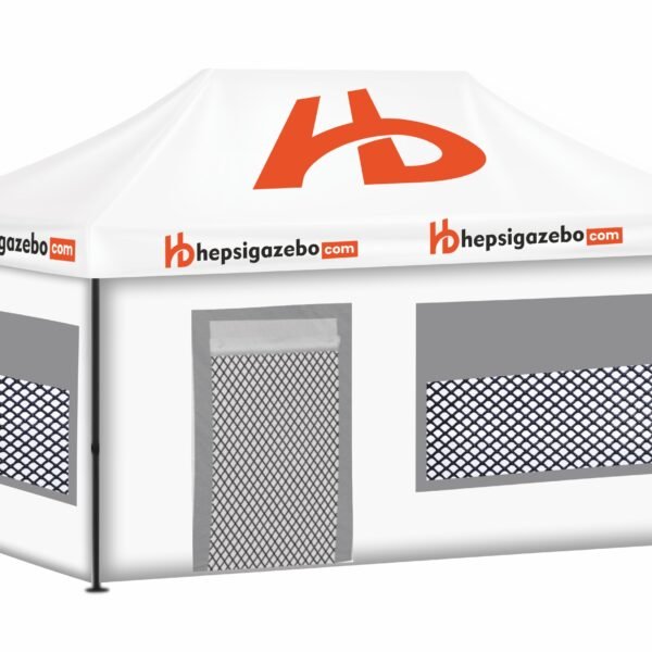 3x45 Baskılı Gazebo Tente (Baskılı Tavan+40'lık Çelik İskelet+2 Adet Baskılı Duvar+2 Adet Sineklik+Şeffaf+Perdeli Pencereli Duvar+1 Adet Sineklik+Şeffaf+Perdeli Kapılı Pencereli Duvar)