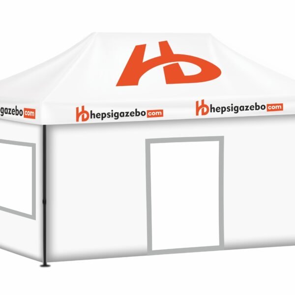 3x45 Baskılı Gazebo Tente (Baskılı Tavan+40'lık Çelik İskelet+2 Adet Şeffaf Pencereli Duvar+1 Adet Baskısız Tam Duvar+1 Adet Kapılı Duvar)