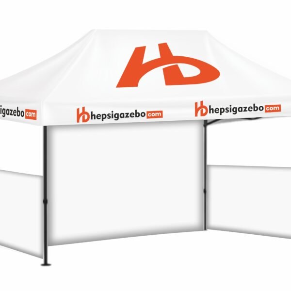 3x45 Baskılı Gazebo Tente (Baskılı Tavan+52'lik Alüminyum İskelet+1 Adet Baskısız Tam Duvar+2 Adet Baskısız Yarım Duvar)