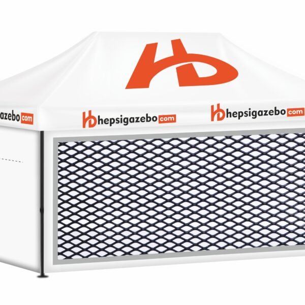 3x45 Baskılı Gazebo Tente (Baskılı Tavan+40'lık Çelik İskelet+1 Adet Sineklikli Duvar+1 Adet Açılır Kapılı Duvar+2 Adet Düz Tam Duvar)