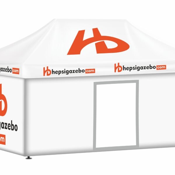 3x45 Baskılı Gazebo Tente (Baskılı Tavan+40'lık Çelik İskelet+2 Adet Baskılı Duvar+1 Adet Kapılı Duvar+1 Adet Baskısız Duvar)