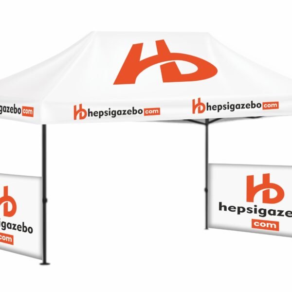 3x45 Baskılı Gazebo Tente (Baskılı Tavan+52'lik Alüminyum İskelet+2 Adet Yarım Baskılı Duvar)