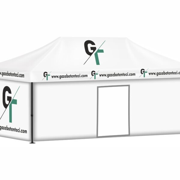 3x6 Baskılı Gazebo Tente (Baskılı Tavan+52'lik Alüminyum İskelet+2 Adet Baskılı Duvar+1 Adet Kapılı Duvar+1 Adet Baskısız Duvar)