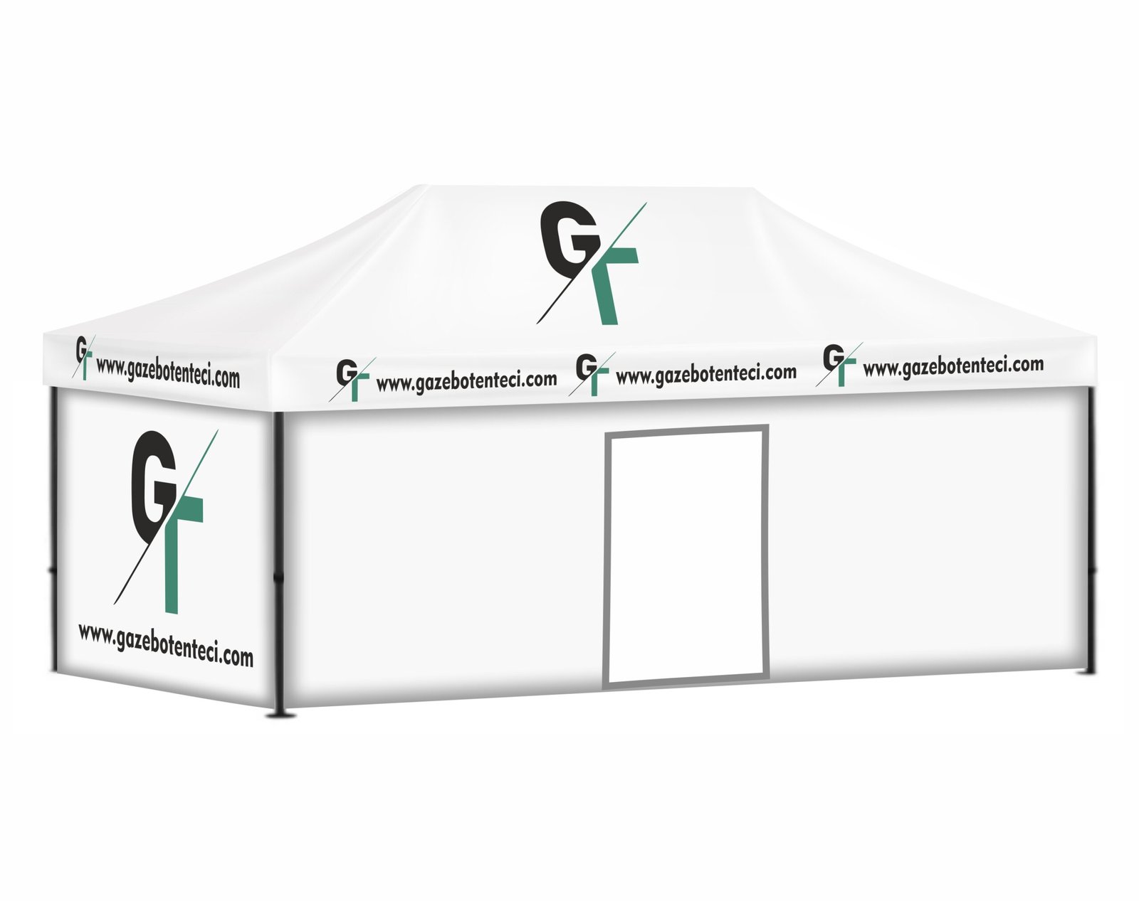 3x6 1 kapı 2 baskılı 1 tam d 3x6 Baskılı Gazebo Tente (Baskılı Tavan+52'lik Alüminyum İskelet+2 Adet Baskılı Duvar+1 Adet Kapılı Duvar+1 Adet Baskısız Duvar) - Görsel 1