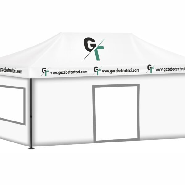 3x6 Baskılı Gazebo Tente (Baskılı Tavan+52'lik Alüminyum İskelet+2 Adet Şeffaf Pencereli Duvar+1 Adet Baskısız Tam Duvar+1 Adet Kapılı Duvar)