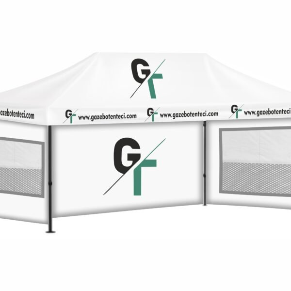 3x6 Baskılı Gazebo Tente (Baskılı Tavan+52'lik Alüminyum İskelet+2 Adet Sineklik+Şeffaf+Perdeli Pencereli Duvar+1 Adet Baskılı Duvar)