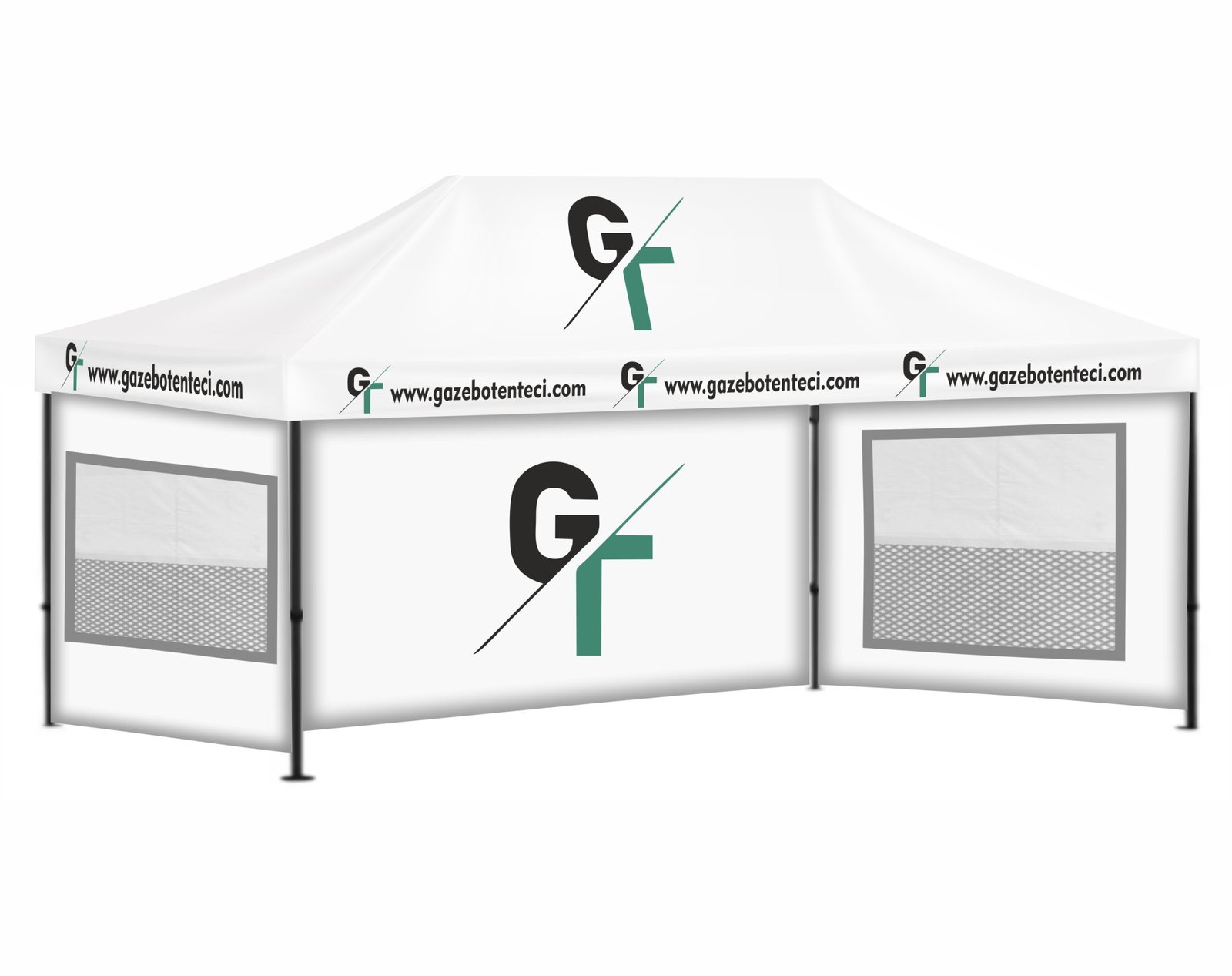 3x6 2 üçlü 1 tam baskılı d 3x6 Baskılı Gazebo Tente (Baskılı Tavan+52'lik Alüminyum İskelet+2 Adet Sineklik+Şeffaf+Perdeli Pencereli Duvar+1 Adet Baskılı Duvar) - Görsel 1