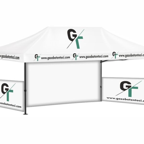 3x6 Baskılı Gazebo Tente (Baskılı Tavan+52'lik Alüminyum İskelet+2 Adet Baskılı Duvar+1 Adet Baskısız Duvar)
