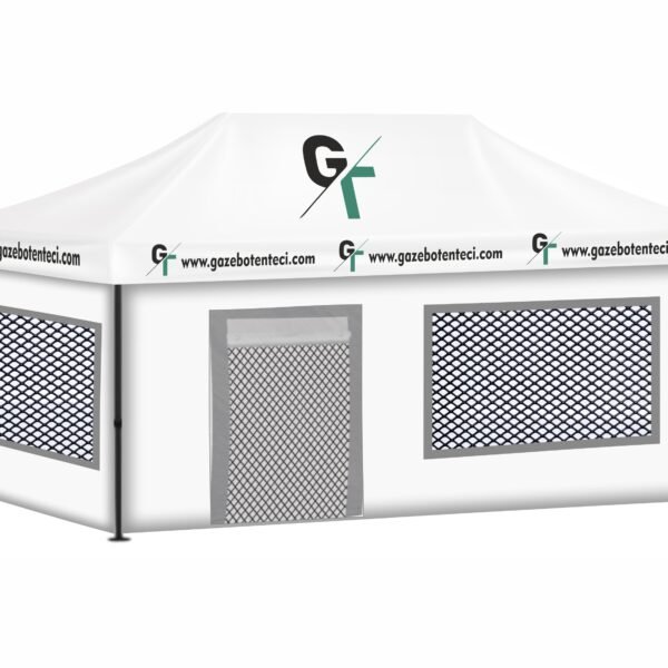 3x6 Baskılı Gazebo Tente (Baskılı Tavan+52'lik Alüminyum İskelet+2 Adet Baskılı Duvar+2 Adet Sineklik+Şeffaf+Pencereli Duvar+1 Adet Sineklik+Şeffaf Kapılı Pencereli Duvar) (Kopya)