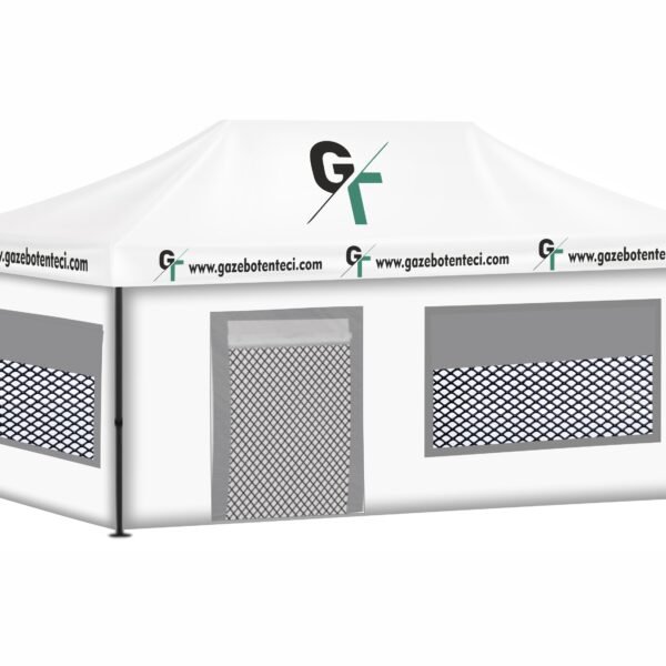 3x6 Baskılı Gazebo Tente (Baskılı Tavan+52'lik Alüminyum İskelet+2 Adet Baskılı Duvar+2 Adet Sineklik+Şeffaf+Perdeli Pencereli Duvar+1 Adet Sineklik+Şeffaf+Perdeli Kapılı Pencereli Duvar)