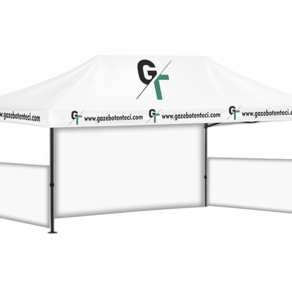 3x6 Baskılı Gazebo Tente (Baskılı Tavan+52'lik Alüminyum İskelet+1 Adet Baskısız Tam Duvar+2 Adet Baskısız Yarım Duvar)