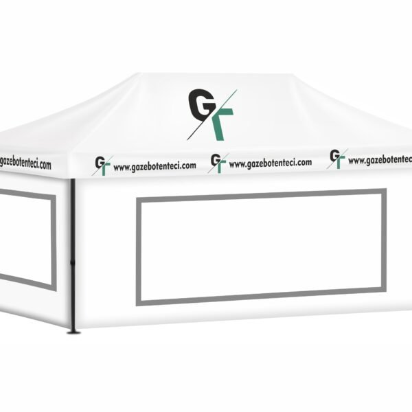 3x6 Baskılı Gazebo Tente (Baskılı Tavan+52'lik Alüminyum İskelet+2 Adet Şeffaf Duvar+2 Adet Baskısız Duvar)