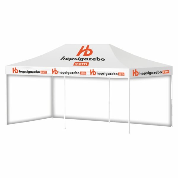 4x6 Baskılı Gazebo Tente (Baskılı Tavan+40'lık Çelik İskelet+2 Adet Baskısız Tam Duvar)