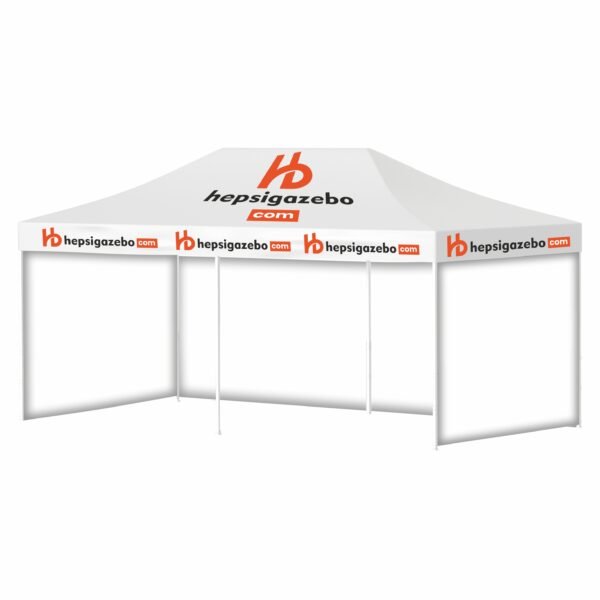 4x6 Baskılı Gazebo Tente (Baskılı Tavan+40'lık Çelik İskelet+3 Adet Baskısız Tam Duvar)