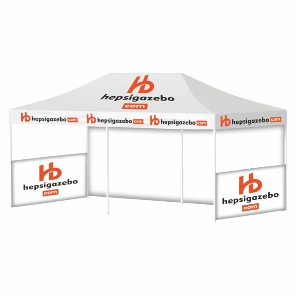 4x6 Baskılı Gazebo Tente (Baskılı Tavan+40'lık Alüminyum İskelet+2 Adet Yarım Baskılı+1 Adet Baskısız Tam Duvar)