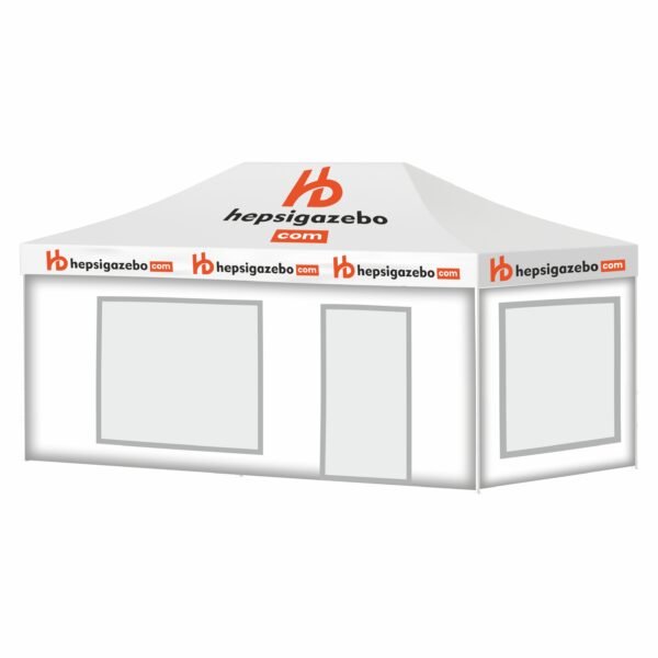 4x6 Baskılı Gazebo Tente (Baskılı Tavan+40'lık Çelik İskelet+2 Adet Şeffaf Pencereli Kapılı Duvar+1 Adet Baskısız Tam Duvar+1 Adet Kapılı Duvar)