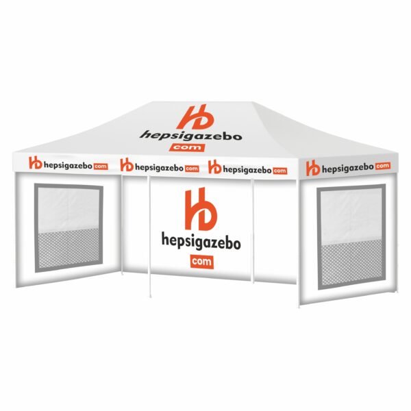 4x6 Baskılı Gazebo Tente (Baskılı Tavan+40'lık Çelik İskelet+2 Adet Sineklik+Şeffaf+Perdeli Pencereli Duvar+1 Adet Baskılı Duvar)