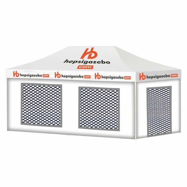 4x6 Baskılı Gazebo Tente (Baskılı Tavan+40'lık Çelik İskelet+2 Adet Baskılı Duvar+2 Adet Sineklik+Şeffaf+Pencereli Duvar+1 Adet Sineklik+Şeffaf Kapılı Pencereli Duvar)