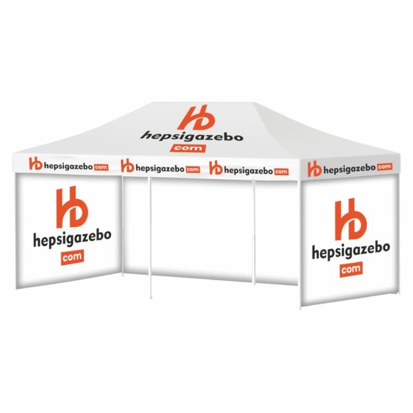 4x6 Baskılı Gazebo Tente (Baskılı Tavan+40'lık Alüminyum İskelet+2 Adet Baskılı Duvar+1 Adet Baskısız Duvar)